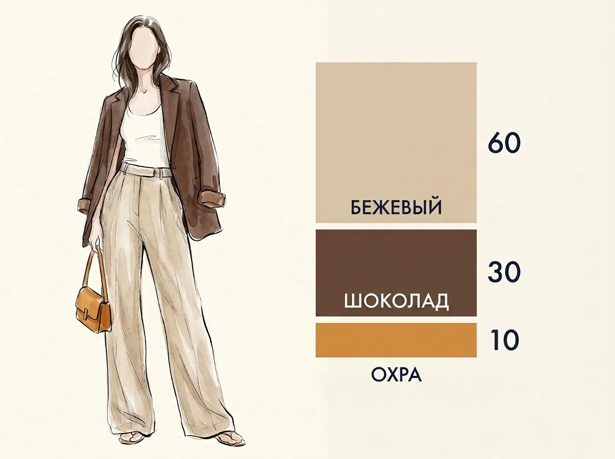 Формула 60/30/10 в одежде: бежевые брюки, шоколадный жакет и охристая сумка